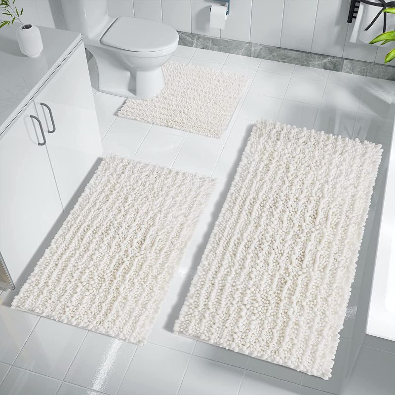 Photo 1 of Yimobra 3 Piece Bathroom Rug Set, Fluffy Thick Chenille Absorbent Large Plush Rugs Set with Toilet U-Shaped Mats, Ultra Soft Shaggy Bath Room Floor Mat, Non Slip, Machine Washable, Quick Dry, White
