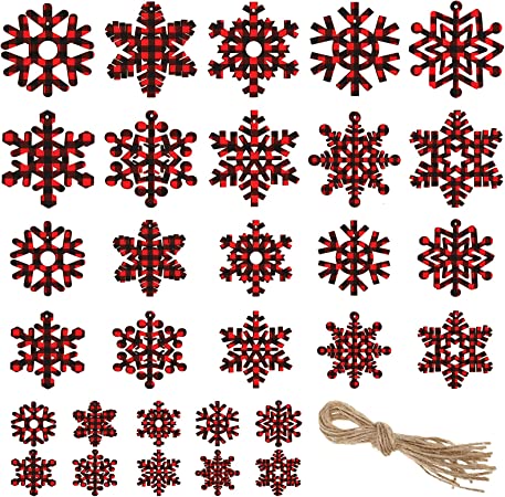 Photo 1 of 30 Pieces Christmas Wooden Snowflake Ornaments Buffalo Plaid Snowflakes Wood Slices Decorations for DIY Crafts Christmas Tree Hanging Ornaments Holiday Decorations (4 inch, 3 inch, 2.4 inch) --- 3 pack 
