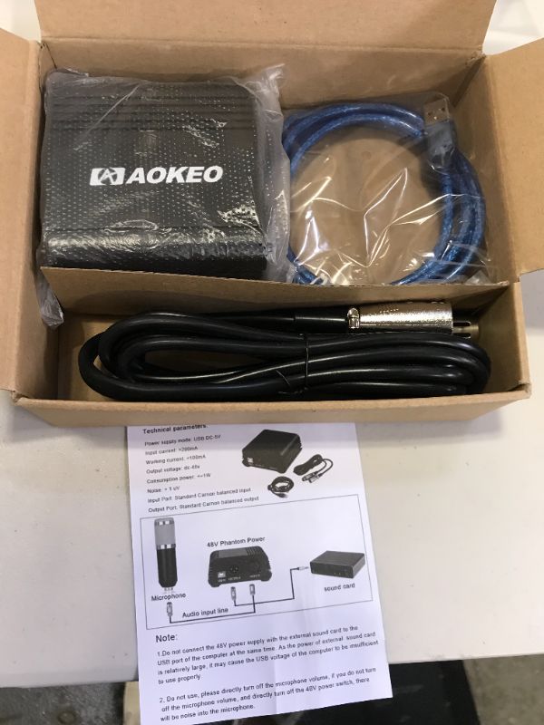 Photo 2 of Aokeo 48V Phantom Power Supply Powered by USB Plug in, Included with 8 feet USB Cable, Bonus + XLR 3 Pin Microphone Cable for Any Condenser Microphone Music Recording Equipment
