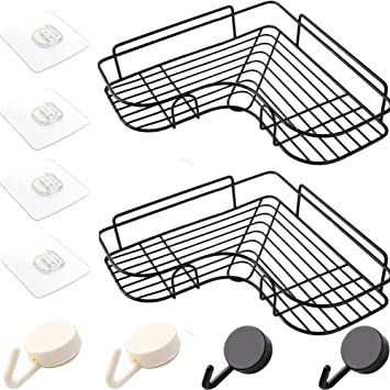 Photo 1 of Bathroom Organizer Rack with 4 Hooks,Shower Caddy Shelf with 4 Adhesives for Corner Wall Storage, No Drilling,Black Shampoo Holder 2 Pack
