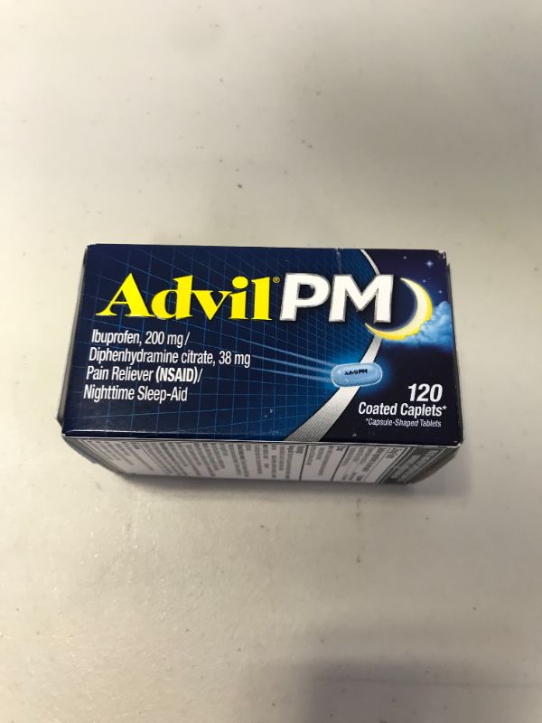 Photo 2 of Advil PM Pain Reliever And Nighttime Sleep Aid, Pain Medicine With Ibuprofen For Pain Relief And Diphenhydramine Citrate For A Sleep Aid - 120 Coated Caplets -- EXP 04/2023
