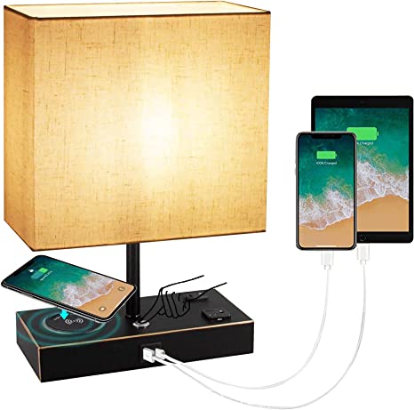 Photo 1 of Bedside Table Lamp with Wireless Charger, Touch Control Table  Lamp for Bedroom Living Room, 3 Way Dimmable Bedside Table Nightstand Lamp with 2 USB Ports and 2 AC Outlets, 9W Blub Inclued(Black). --- UNABLE TO TEST  --- SEE PHOTOS FOR DAMAGE
