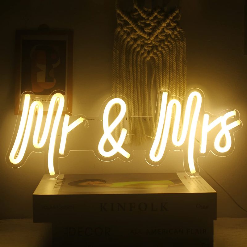 Photo 1 of ineonlife Mr Mrs Neon Signs Neon Light Led Decorative Neon Sign for Bedroom Wall 16’’x6’’ Warm White Neon Sign for Girl Gift Apartment Anniversary Wedding Valentine's Day Party
