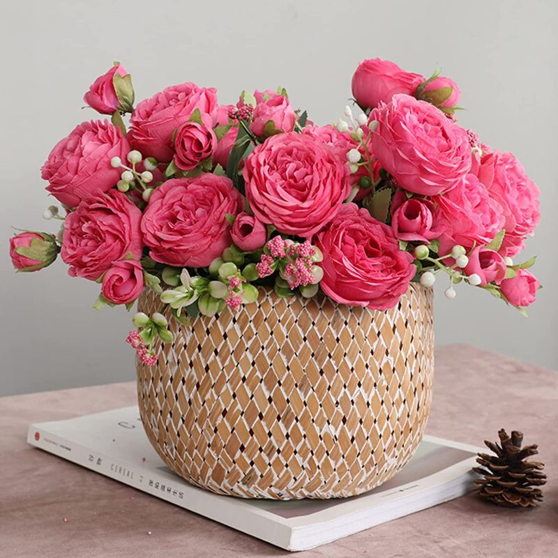 Photo 1 of ASTRYAS Artificial Flowers, Pink Artificial Fake Peony Flower Silk Peonies Faux Fuschia Flowers Arrangements Table Centerpieces for Wedding Office Party Home Decoration 3pcs
