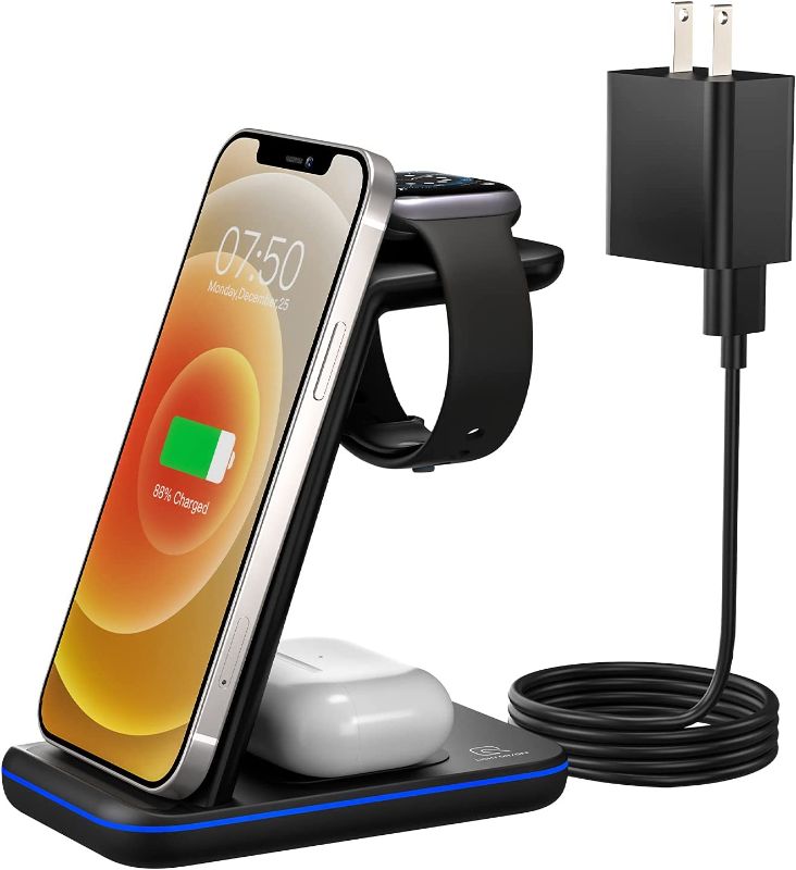 Photo 1 of Wireless Charger for Apple Devices, 3 in 1 Qi Certified Fast Charging Station/Stand Compatible for iPhone 13/12/Pro Max/SE/11/XS/XR/8 Fit for iWatch Apple Watch 7/6/5/4/3/2/SE AirPods Pro/3/2
