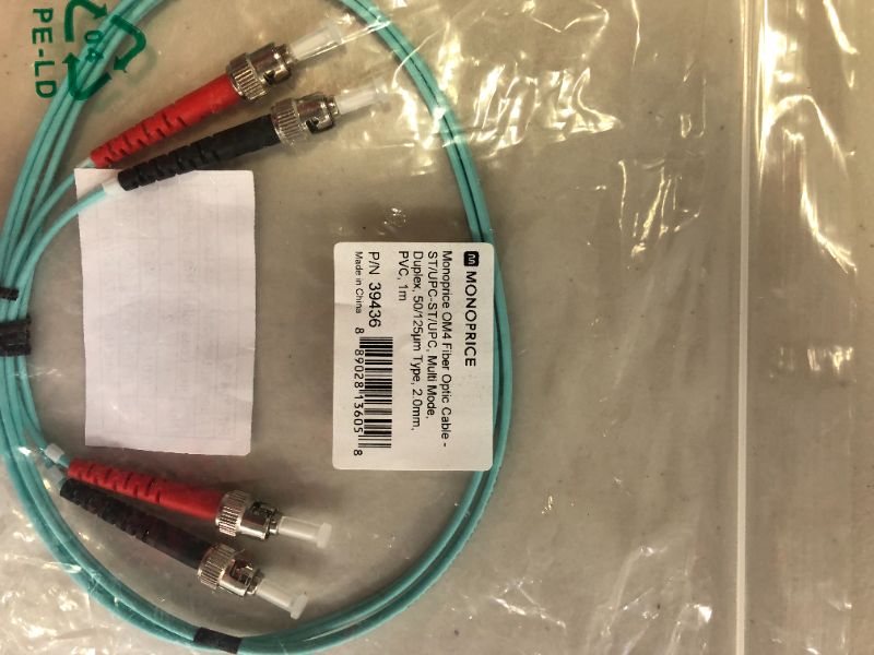 Photo 3 of Monoprice OM4 Fiber Optic Cable - 1 Meter ST/UPC-ST/UPC Multi Mode Duplex 50/125 Micrometer Type 2.0mm OFNR