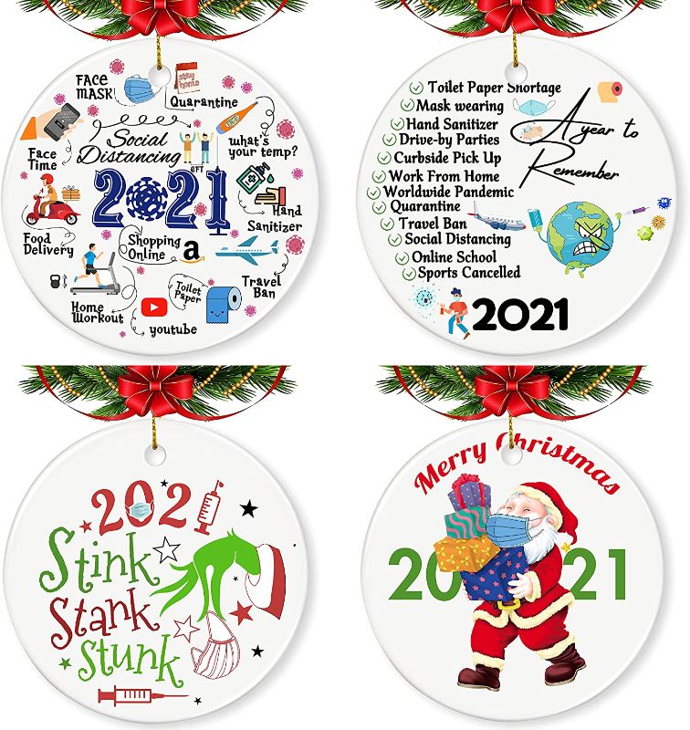 Photo 1 of 2021 Christmas Ornaments, Quarantine Christmas Decorations, Commemorative Ornament, Pandemic Ornament, Round Ornament for Xmas Tree Ornament Hanging Accessories Commemorative, 4 Pack
