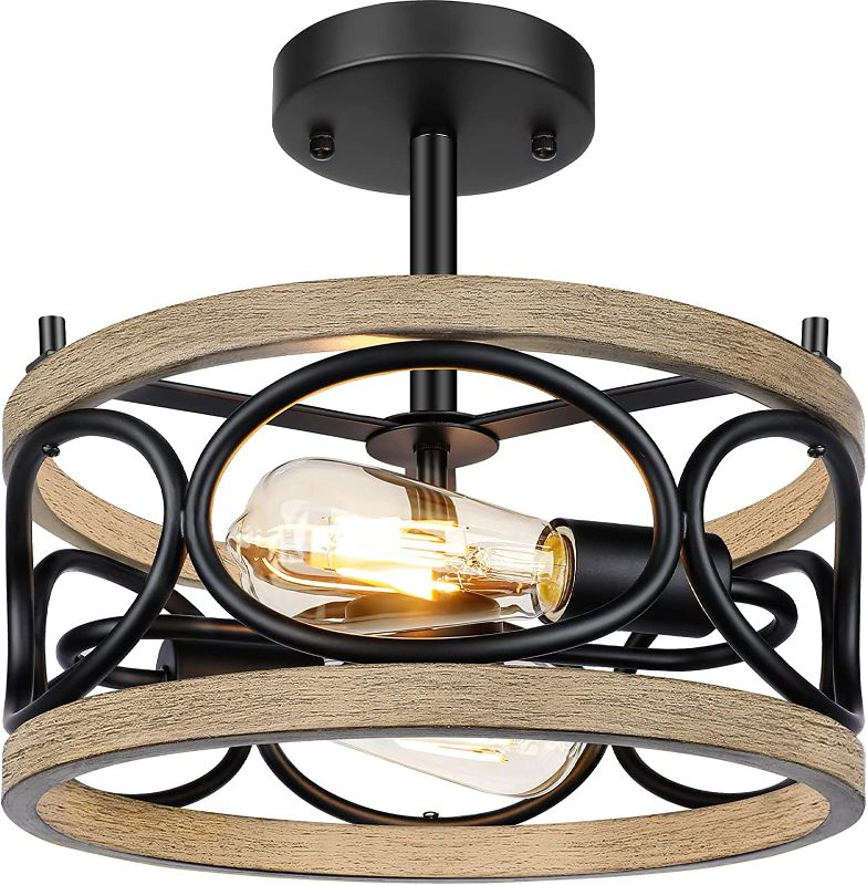 Photo 1 of 2-Light Farmhouse Semi Flush Mount Ceiling Light Fixture, Rustic Wooden Metal Close to Ceiling Light, Industrial Black Ceiling Light for Bedroom, Living Room, Kitchen, Hallway, Entryway, Porch
