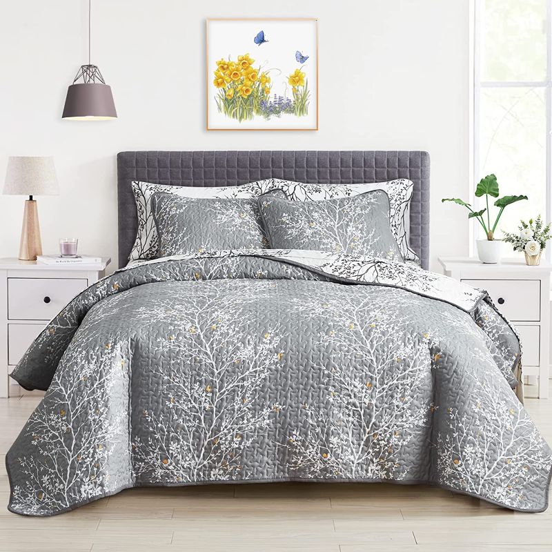 Photo 1 of 3 Piece Reversible Quilt Set Gray White Branch with Yellow Dots Queen Full Size 88x88 Soft Microfiber Lightweight Summer Coverlet Bedspread for All Season 
