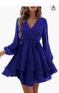 Photo 1 of Amoretu Womens Casual Short Sleeve Wrap V-Neck Ruffle Mini Dresses BLUE  SIZE 2XL
