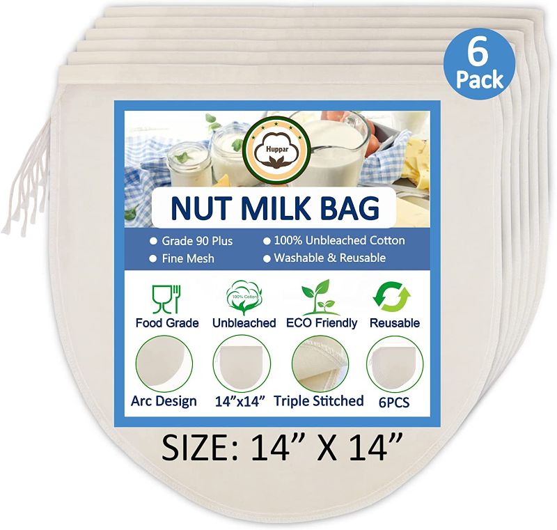 Photo 1 of 6 Pack 14"x14" Nut Milk Bags - 100% Unbleached Cotton, Food Strainer, Reusable Cheesecloth,Straining Almond/Oat/Soy Milk, Cold Brew Coffee, Cloth Bag for Cheese/Yogurt/Juice/Tea/Wine/Soup/Herbs
