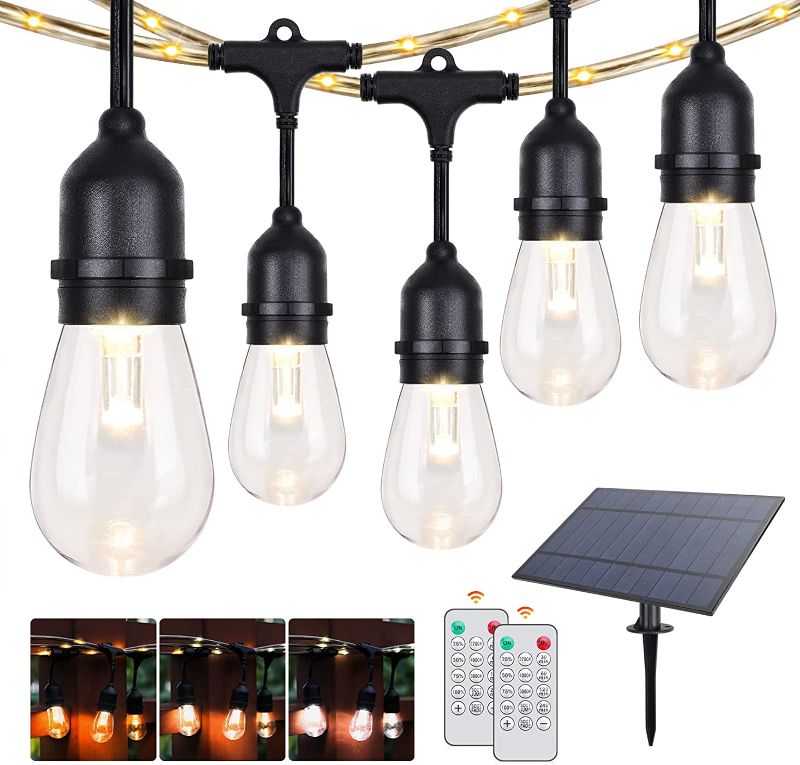 Photo 1 of 48FT Solar String Lights Outdoor with Remote, 3 Color in 1 Dimmable Patio LED Lights Waterproof, Shatterproof Edison Bulb Hanging Lights with Rope Fairy for Backyard Bistro, Warm White Daylight White  -- Packaging Slightly Damaged --
