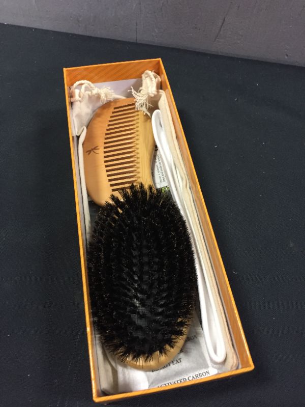 Photo 2 of 100% Boar Bristle Hair Brush Set. Soft Natural Bristles for Thin and Fine Hair. Restore Shine And Texture. Wooden Comb