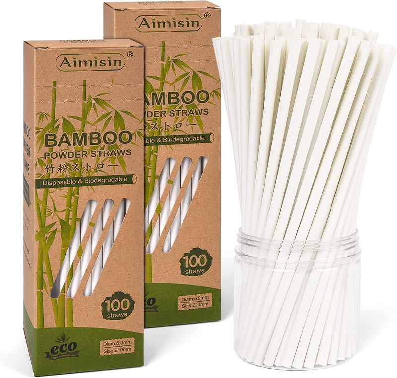 Photo 1 of Aimisin Bamboo Powder Straws Natural Biodegradable Compostable Plant Based Straws for Boba Smoothies Juices Restaurants Party (8.27''x 0.24''-200pcs)
