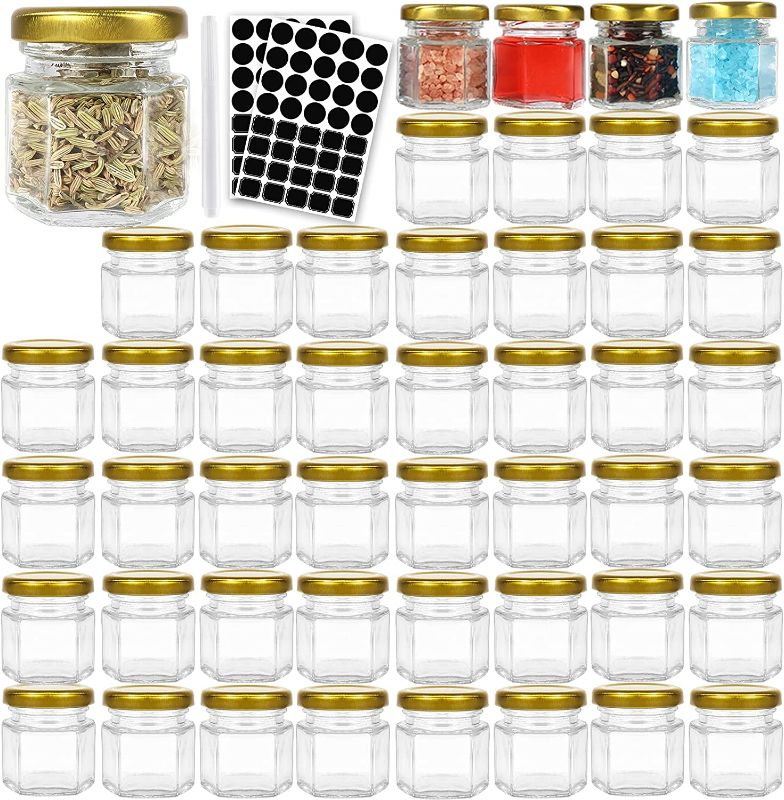 Photo 1 of 48 Pack 1.5 oz Hexagon Glass Canning Jars with Gold Lids, Mini Jam Jars for Honey,Sauce,Baby Foods, Wedding Favors,DIY Small Spice Jars. Include 1 Pen and 80 Labels.
