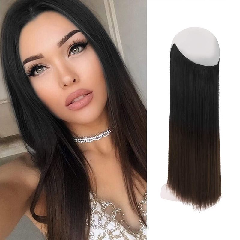 Photo 1 of FESHFEN Invisible Wire Hair Extensions with Transparent Headband Adjustable Size One Piece Synthetic Straight Long Secret Hairpieces for Women, 18 inch
