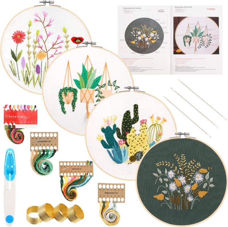 Photo 1 of 4 Sets Embroidery Starter Kit Full Range of Stamped Floral Embroidery Tool Kit Including Embroidery Hoops, Aida Cloths, Color Threads, Embroidery Needles, Scissor, Thimbles for Beginners
