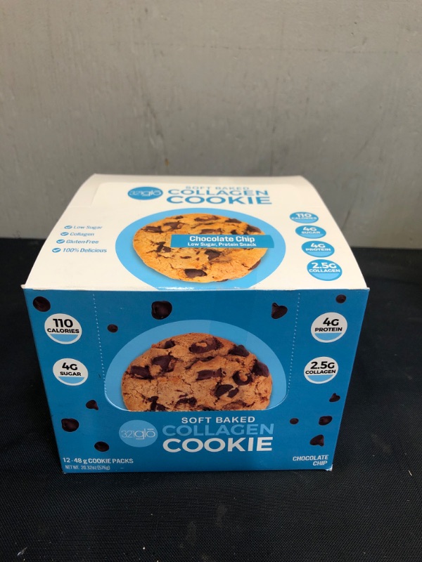 Photo 2 of 321glo Collagen Protein Cookies, Soft-Baked Cookies, Low Carb and Keto Friendly Treats for Women, Men, and Kids (12-Pack, Chocolate Chip)
EXP 11/05/22