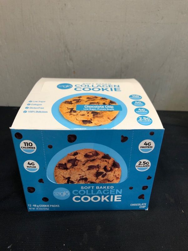 Photo 1 of 321glo Collagen Protein Cookies, Soft-Baked Cookies, Low Carb and Keto Friendly Treats for Women, Men, and Kids (12-Pack, Chocolate Chip)
EXP 11/05/22