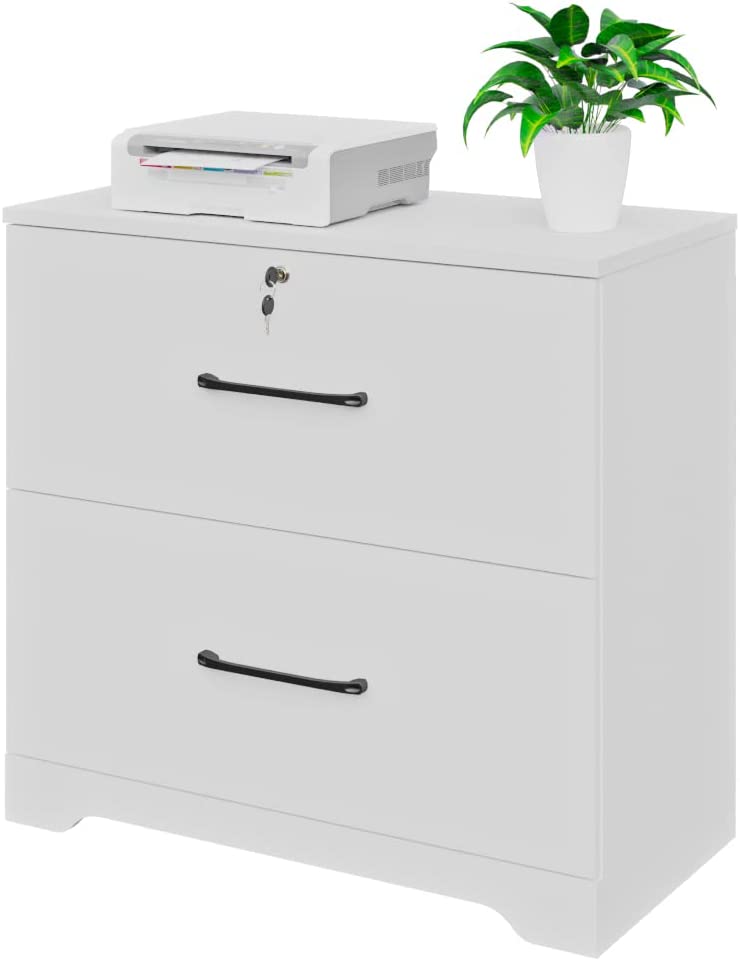 Photo 1 of 2 Drawer File Cabinet with Lock, Wooden Lateral Storage Home Office Filing Cabinet with Anti-tilt Mechanism with 8 Hanging Bars for Letter/Legal Size (White)
