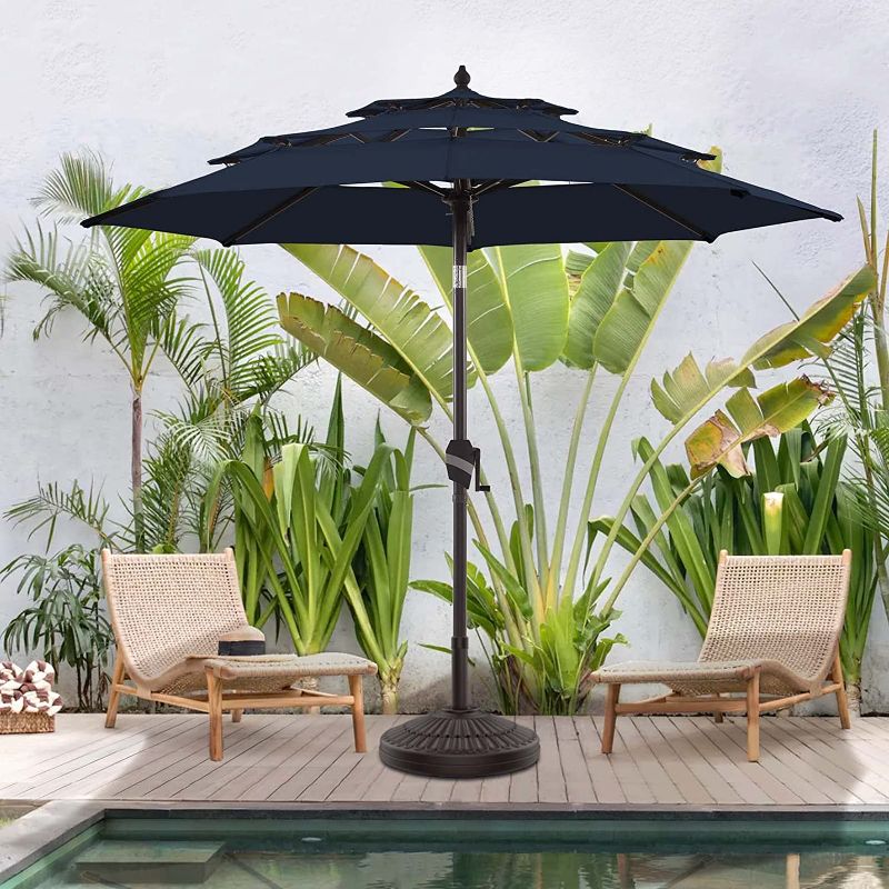 Photo 1 of BLUU MAPLE 9 FT Sunbrella Umbrella Patio Market Umbrella 3 Tier Outdoor Table Shade Umbrella with Aluminum Frame Push Button Tilt, 60 Month Color Fastness Sunbrella Canopy Canvas
