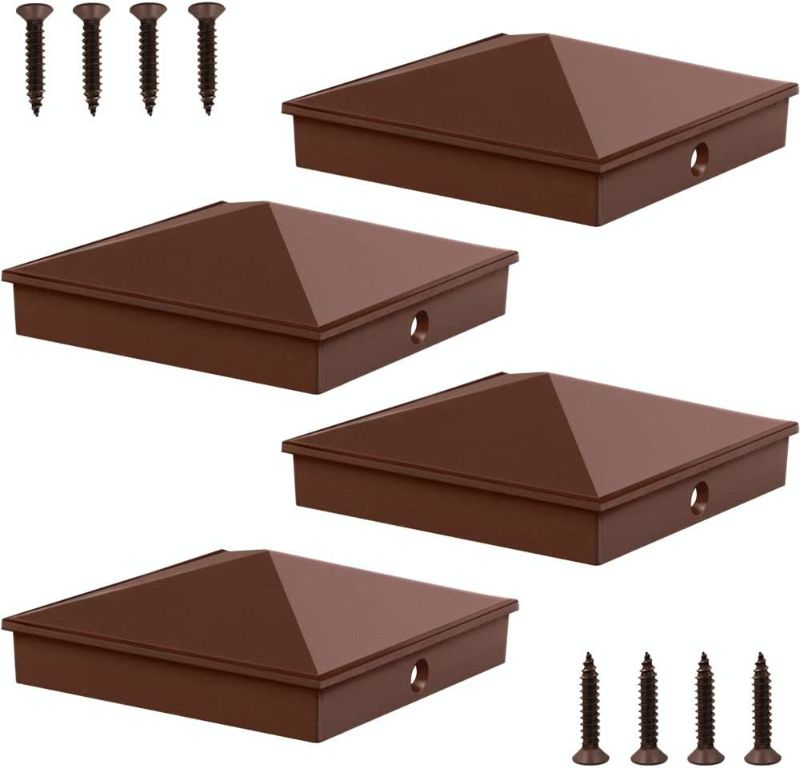 Photo 1 of Azdele 6x6 Aluminum Pyramid Post Caps Cover for 6x6 Nominal Wood Post(Actual 5.5" x 5.5" Wood Post), with Matte Finish Powder Coated Surface, for Fences Wood Post of Decks or Corridors(Brown, 4Pack)
