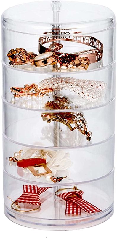 Photo 1 of Yzynxzz Jewelry Organizer Box,5 Layer Rotatable Women Jewelry Box,Jewlery Accessory Storage Tray,Organizer That Can Store Earrings Necklaces and Bracelets,Cylindrical Transparent Display Tray With Lid
