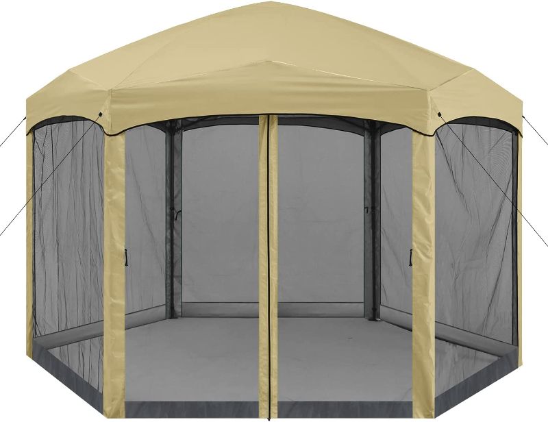 Photo 1 of ABCCANOPY 12x12 ft Hexagon Pop Up Gazebo Outdoor Screen Gazebo Tent Instant Setup Canopy Shelter with Netting, Beige
