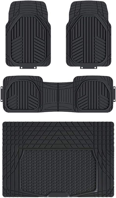 Photo 1 of Amazon Basics 4-Piece All-Weather Protection Heavy Duty Rubber Floor Mats Set with Cargo Liner for Cars, SUVs, and Trucks?Black,Universal Trim to Fit

