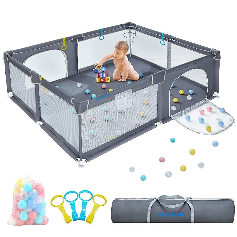 Photo 1 of Extra Large Portable Playpen for Babies and Toddlers with Safety Gate, Play Yard, Indoor and Outdoor Play Area for Kids, 78 x 62 x 26 Inches, Dark Gray (Includes 50 Ocean Balls)
