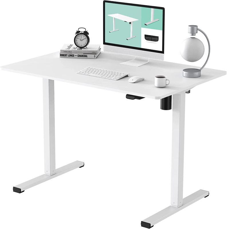 Photo 1 of FLEXISPOT Essential White Standing Desk 48 x 24 Inches Whole-Piece Desk Board Electric Stand Up Desk Height Adjustable Desk for Home Office(White Frame + 48" White Top)
