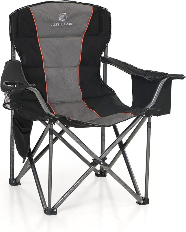 Photo 1 of ALPHA CAMP Folding Camping Chair Oversized Heavy Duty Padded Outdoor Chair with Cup Holder Storage and Cooler Bag, 450 LBS Weight Capacity, Thicken 600D Oxford, Black
