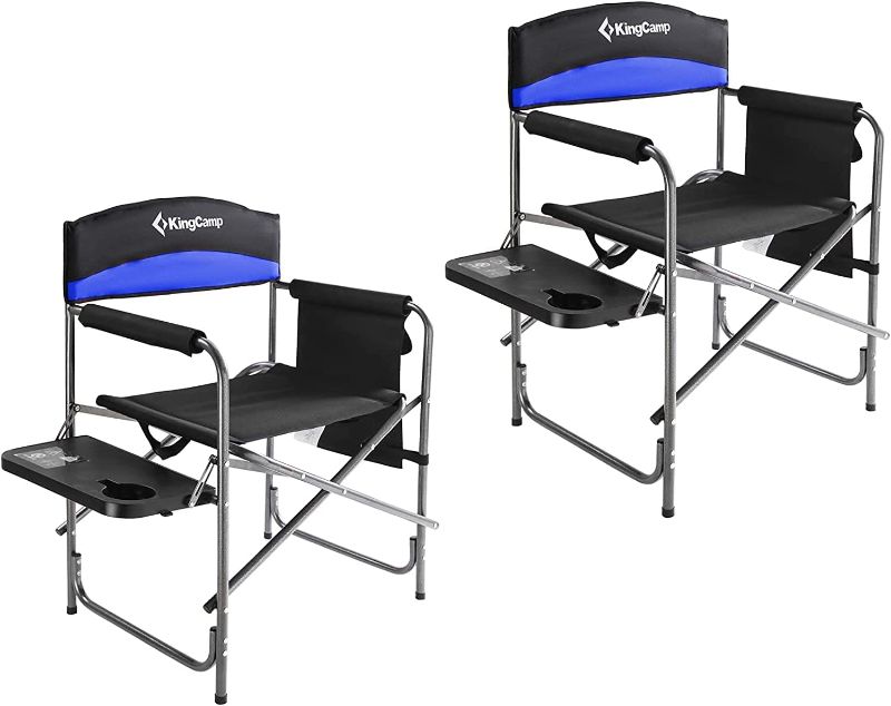 Photo 1 of KingCamp 2 Pack Heavy Duty Camping Chair Folding Director Chair Supports 400lbs Oversized Camp Chair for Adults Padded Seat Lawn Folding Chair with Side Table and Side Pockets (Black/RoyalBlue)