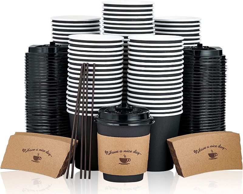 Photo 1 of 100 Pack 10 oz Paper Coffee Cups, Drinking Cups for Cold/Hot Coffee Chocolate Drinks, Disposable Coffee Cups with Lids, Sleeves and Stirring Sticks. Black Hot Coffee Cups for Home, Stores and Cafes.
