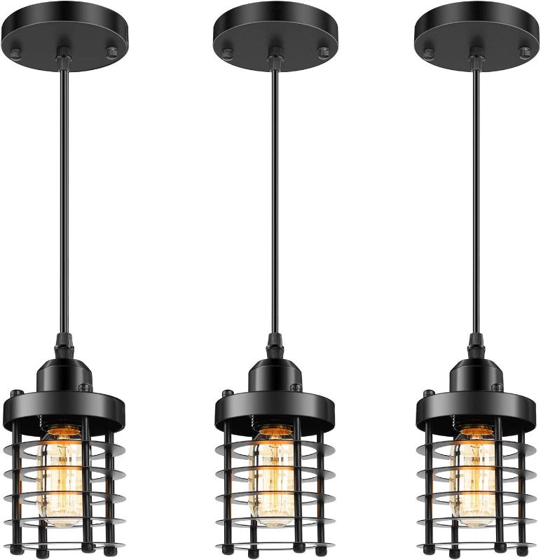 Photo 1 of 3 Packs Unique Industrial Pendant Lighting, Mini Ceiling Vintage Metal Hanging Lamp Fixture, Adjustable Retro Pendant Light Black for Kitchen Island Counter Dining Room Restaurant Bedroom, E26 Base
