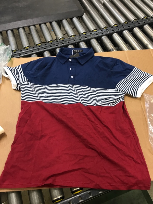 Photo 2 of YTD Men's Short Sleeve Polo Shirts Casual Slim Fit Contrast Color Stitching Stripe Cotton Shirts
sized L