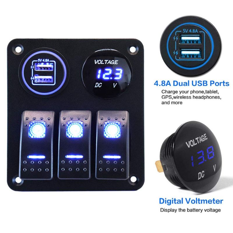 Photo 1 of 3 Gang Waterproof Marine Boat Rocker Switch Aluminum Panel, DC 12V/24V 5 Pin ON-Off Switch, with Upgrade Arc LED Digital Display Voltmeter and 4.8A Dual USB Slot Socket for Boat Car Rv Vehicles Truck
