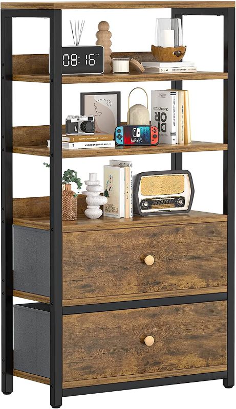 Photo 1 of 6 Tier Bookshelf with Drawer, Bookcase with 2 Fabric Drawers, Industrial Free Standing Storage Cabinet Organizer Dresser with Shelves for Living Room, Bedroom, Rustic Brown
