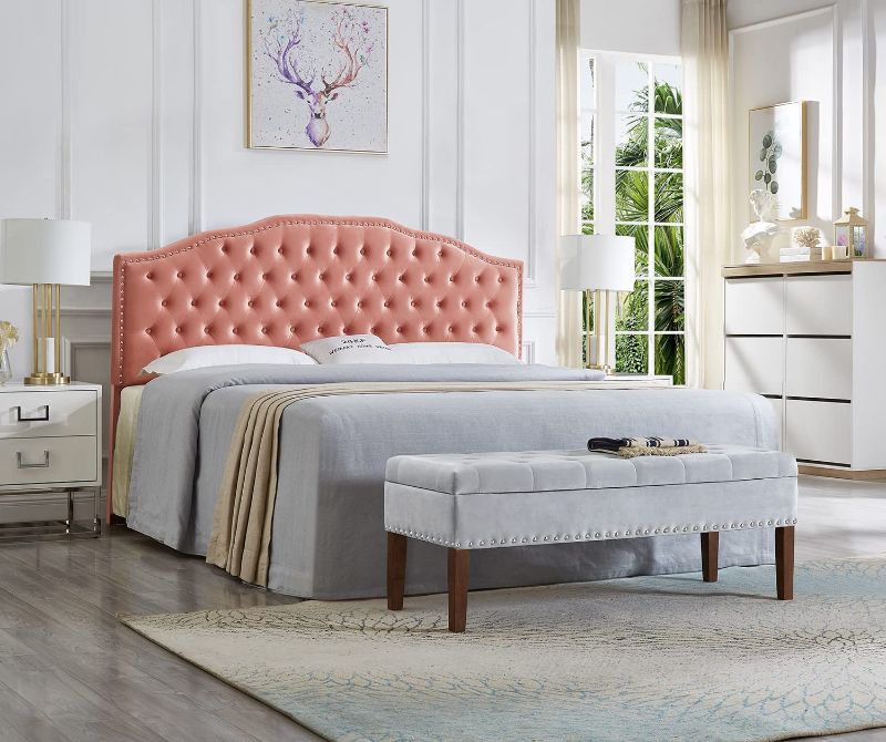 Photo 1 of 24KF Upholstered Button Tufted King Size Headboard with Nailhead Trim, Soft Velvet Fabric Headboard King/Cal King Size-Pink colored 