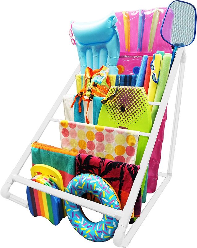 Photo 2 of 7 Bar Outdoor Pool Towel Rack - Pool Float Storage and Drying Rack, Free Standing Pool Organizer (White)
