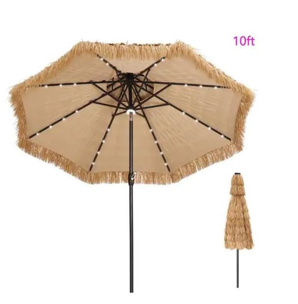 Photo 1 of 10 ft. 2-tier Palapa Thatched Patio Aluminum Lighted Beach Umbrella in Brown
