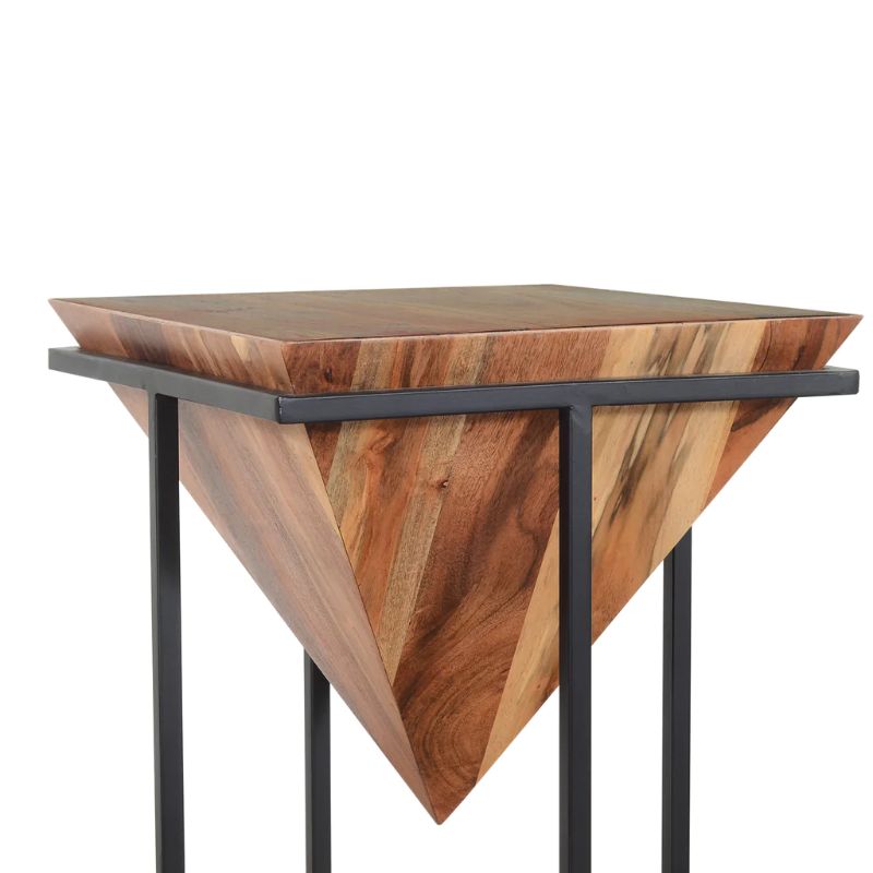Photo 1 of 30 Inch Pyramid Shape Wooden Side Table With Cross Metal Base, Brown And Black - UPT-197870

