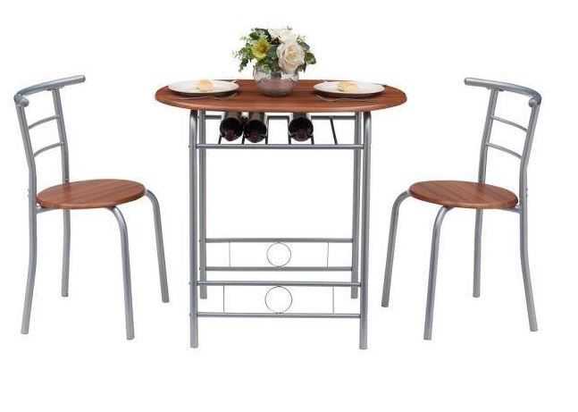 Photo 1 of 3-Piece Wooden Round Table & Chair Set for Compact Space w/Steel Frame, Built-in Wine Rack?31.5"Lx21"Wx29.9"T?Brown
