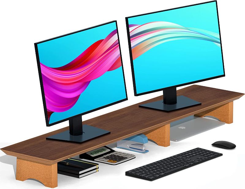 Photo 1 of Aothia Large Dual Monitor Stand Riser, Solid Wood Desk Shelf with Eco Cork Legs for Laptop Computer/TV/PC/Printers, Perfect Desktop Stands Organizer with Underneath Storage for Office Accessories
