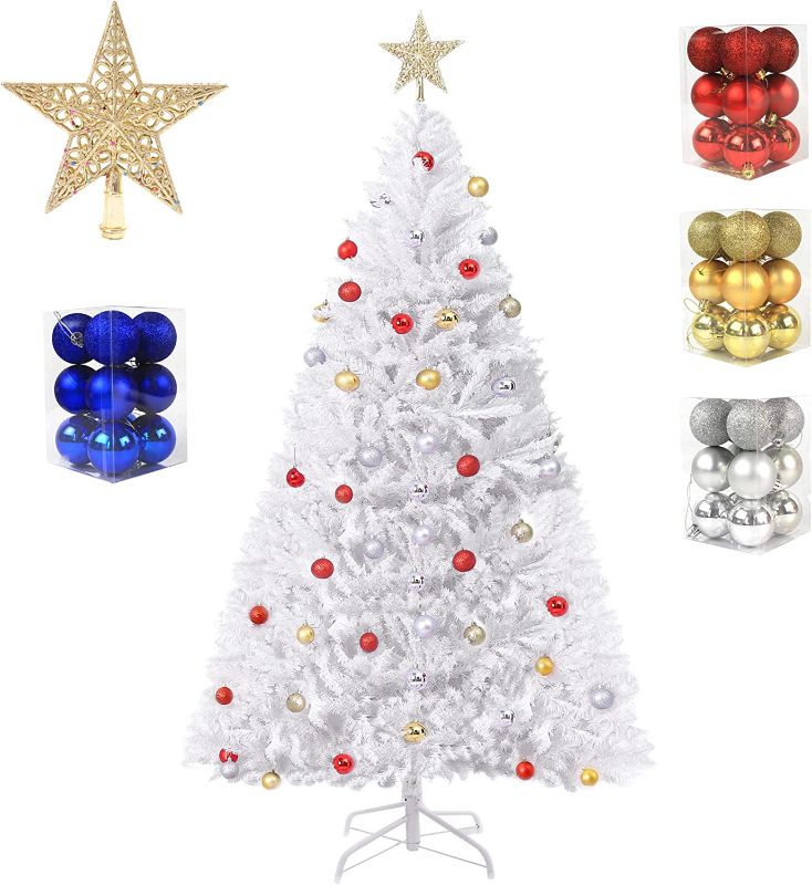 Photo 1 of 7ft Artificial Christmas Tree Lifelike Christmas Tree with Decorations and Solid Metal Stand arbol de Navidad Blanco Premium Hinged Spruce Full Tree (White-A, 7ft)
