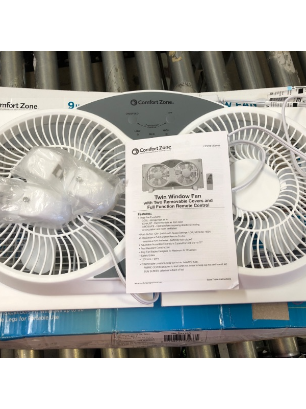 Photo 2 of Comfort Zone 3-Speed 3-Function Expandable Reversible Twin Window Fan with Remote Control, Removable Cover