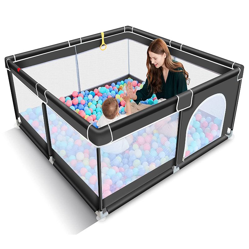 Photo 1 of FOLDABLE BABY PLAYPEN, 8 PANEL, BLACK, PICTURE FOR REFERENCE, MINOR DENTING ON OUTER PROTECTIVE FOAM