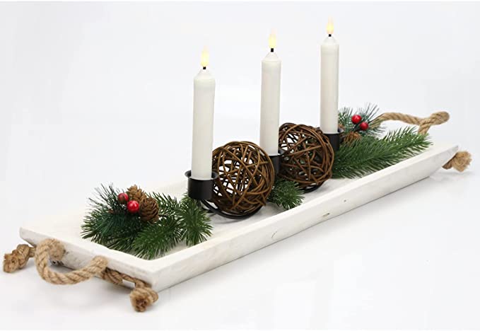 Photo 1 of 21-22'' Wooden Decorative Dough Bowl Candle Holders Tray New Home Gifts for Home Centerpiece Dining Room Table Farmhouse Kitchen Counter Christmas Decor Rattan Balls Set with Hemp Rope Handles(White)
