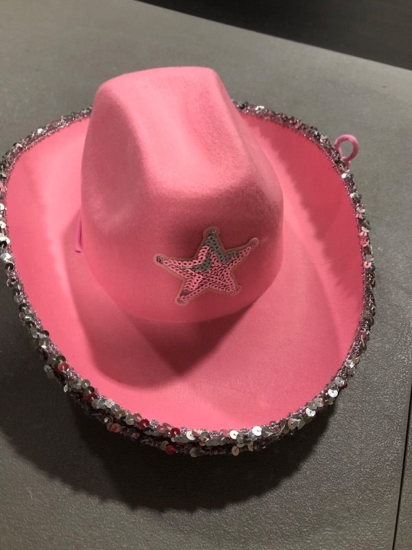 Photo 3 of 3 Pack Pink Cowboy Hat with Silver Sequins for Girls & Adult Women, Cowgirl Halloween Western Costume, One Size 3 PACK 
SEE IMAGES