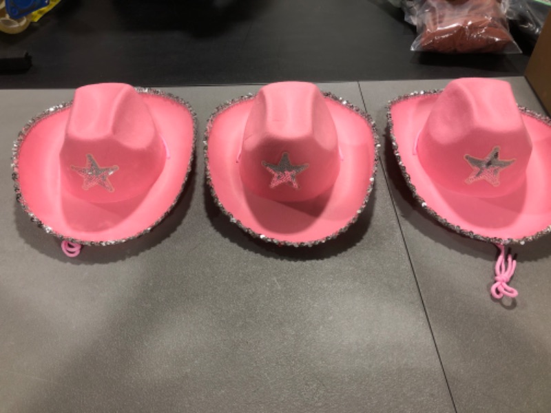 Photo 2 of 3 Pack Pink Cowboy Hat with Silver Sequins for Girls & Adult Women, Cowgirl Halloween Western Costume, One Size 3 PACK 
SEE IMAGES